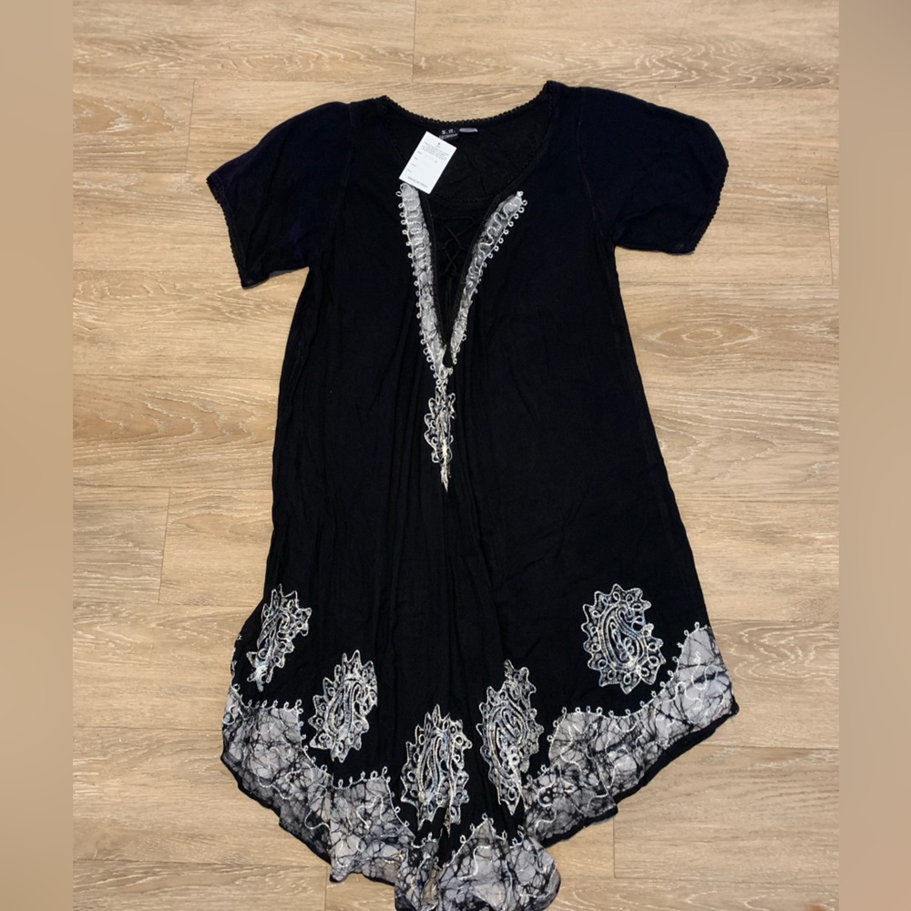 S.R. Fashions Black Dress with White Embroidery Size Free Size